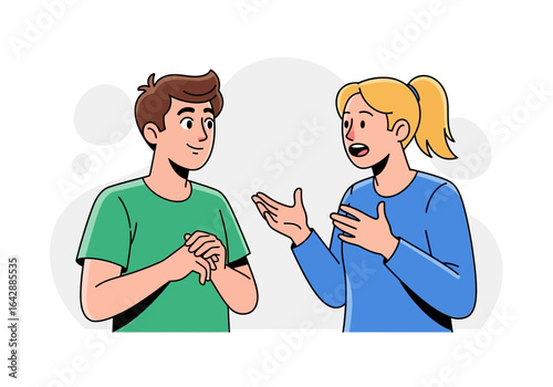 Young couple having a chat outdoors, smiling and engaged. Perfect for relationship counseling and lifestyle blogs or social media posts.