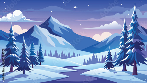 Snowy Winter Pine Forest Background.