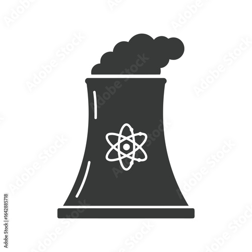 Nuclear power plant cooling tower with atom symbol steam emission energy industry icon