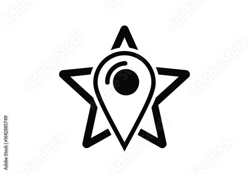 Vector illustration of photo of stylized star icon with a map pin marker in the center, representing a favorite location or destination, isolated on white background