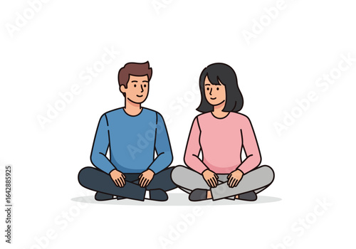 Two people sitting facing each other casually. Suitable for relationship counseling, communication, therapy promotions, or personal development concepts for marketing.
