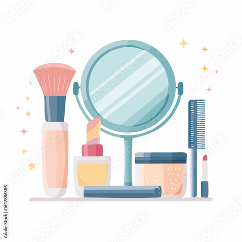 Vector illustration pack of beauty tools and cosmetic products. A set with a vanity mirror, makeup brush, lipstick, and hair comb.