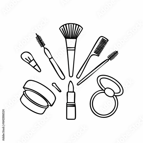 A black and white line art vector icon set of various makeup and cosmetic tools, including brushes, lipstick, and a comb.