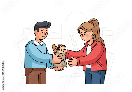 Sad man giving bread to sad woman in urban setting. Depicts poverty, kindness, sharing, city life. Suitable for social issues, charity, urban living concepts.