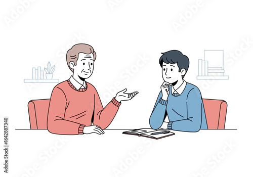 Professional dialogue between two generations, mentorship, leadership, work collaboration, career guidance illustration, business meeting concept, intergenerational communication, discussion.