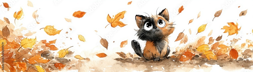 Fototapeta premium A cute kitten sits amidst swirling autumn leaves, embodying the playful spirit of the season with vibrant colors and whimsical charm.