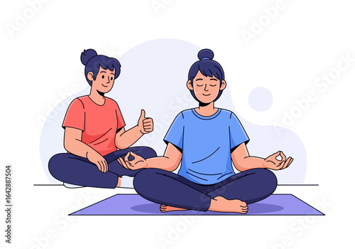 Two cartoon women meditate, one gestures a thumbsup. Suitable for wellness, meditation, and positivitythemed content for various projects.