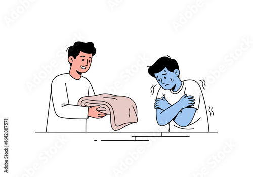 Kind man sharing blanket with shivering person. Compassion, empathy, homelessness, charity, winter, cold weather, kindness, generosity, help, support concept.