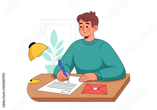 Man writing letter under lamp. Suitable for office, business, communication themed designs, cards, and social media graphics. Ideal for storytelling visuals.