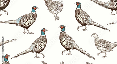 An exquisite repeating pattern of beautifully detailed pheasant birds in a natural woodland setting