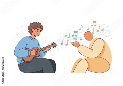 Person playing music with floating notes towards listener, suitable for music education, concert promotions, and artistic creativity concepts.