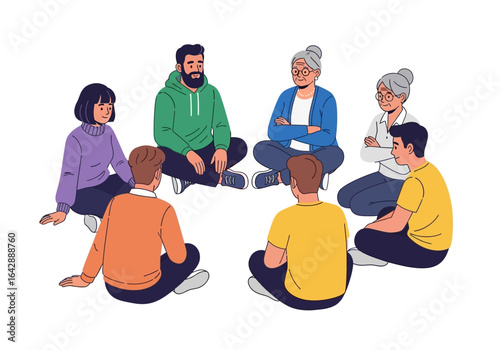 Group therapy session with diverse people sitting in a circle, suitable for mental health or diversity concepts. Supportive environment.