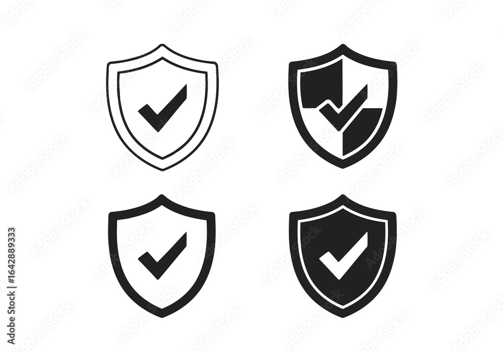 Vector illustration of photo of set of shield icons with check marks, representing security and verification, isolated on white background Vector illustration of photo of set of shield icons with check marks, representing security and verification, isolated on white background