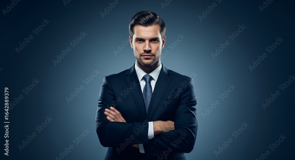 Confident Businessman in Suit with Arms Crossed on Dark Background Confident Businessman in Suit with Arms Crossed on Dark Background