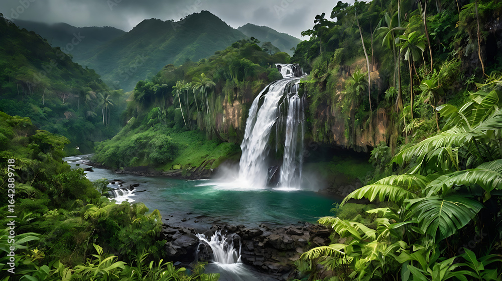 Fototapeta premium Majestic multi-tiered waterfall cascading down rugged cliffs.