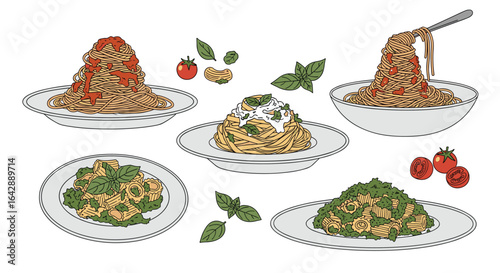 A delicious collection of five mouthwatering pasta dishes featuring fresh ingredients and vibrant flavors