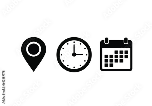 Vector illustration of photo of a set of icons representing location, time, and calendar, symbolizing planning and scheduling for travel or events, isolated on white background