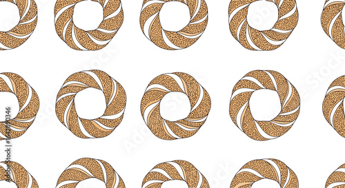 Pattern of swirling abstract doughnut shapes with leopard print texture and white background