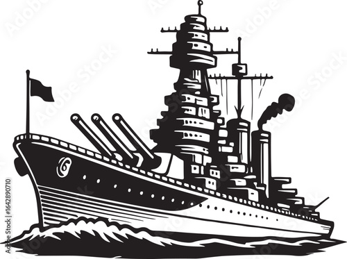 Illustration of a battleship isolated on white background in black and white