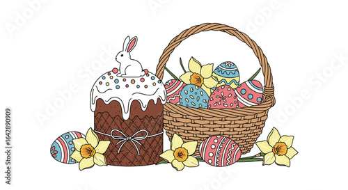 Traditional easter celebration with festive cake decorated eggs and spring flowers a joyful religious holiday scene