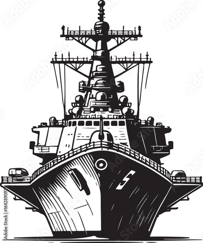 Vector art of front view of a warship isolated on white background
