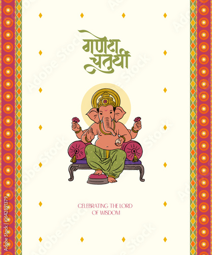 Ganesh Chaturthi Calligraphy, Lettering in Hindi, Marathi with Lord Ganesha vector illustration and festival elements