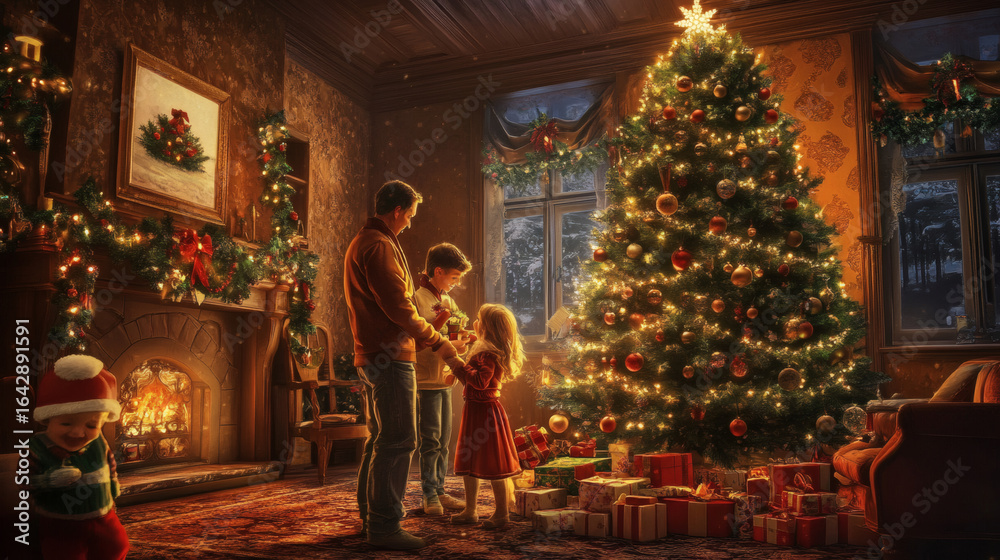 Naklejka premium christmas, box, colours, occasion, ribbon, carpet, eve, party, room, surprise, boxing, event, festive, floor, greeting, happy, indoor, light, merry, new, night, package, paper, present, tree