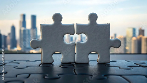 Interlocking Jigsaw Puzzle Pieces on Dark Surface with City Skyline Background