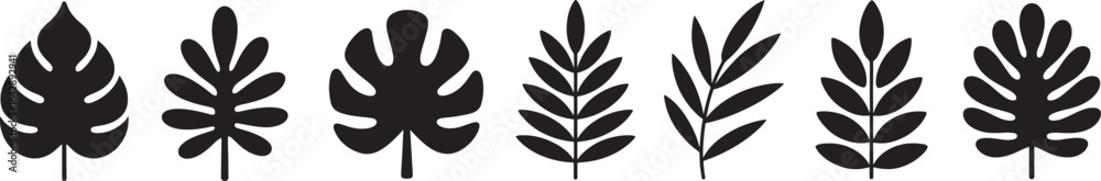 Tropical Leaf Silhouette Stickers – Monstera and Palm Leaf Vector Designs Tropical Leaf Silhouette Stickers – Monstera and Palm Leaf Vector Designs