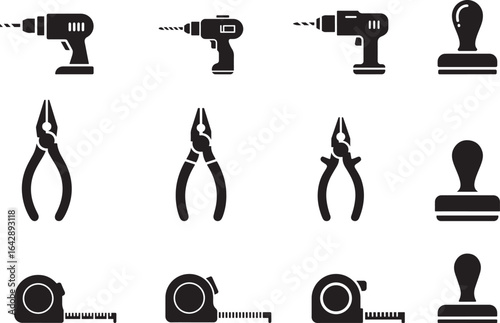 Pliers and Cutters Glyph Set, Black Tool Silhouettes for Workshop and Hardware Graphics.