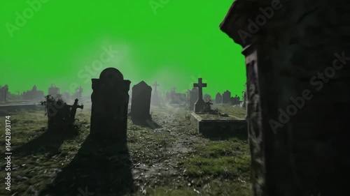 Spooky Foggy Graveyard Walk - Green Screen - First-person perspective of walking through a misty graveyard at night.