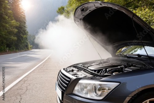 Overheated car engine smoking on the side of a road, with open hood, surrounded by forest and mountains.