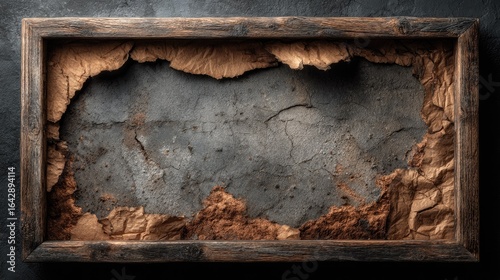 Rustic wooden frame encloses a textured, dark grey surface, partially concealed by torn, light brown paper