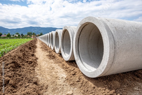 Wallpaper Mural Large concrete pipes laid out along a dirt trench, ready for installation in a rural setting. Torontodigital.ca