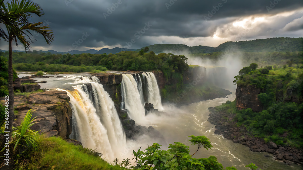 Fototapeta premium Majestic multi-tiered waterfall cascading down rugged cliffs.