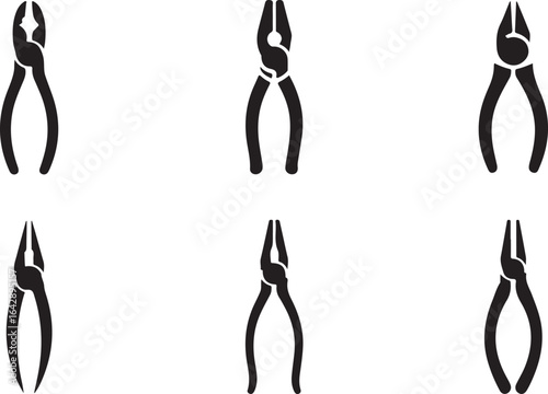 Pliers and Cutters Glyph Set, Black Tool Silhouettes for Workshop and Hardware Graphics.