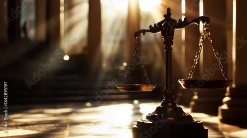 Bronze justice scale stands before a courthouse, showing law and equality.
