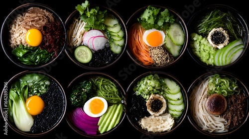 Assorted noodle dishes in bowls, presented on a dark background.