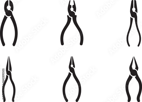 Pliers and Cutters Glyph Set, Black Tool Silhouettes for Workshop and Hardware Graphics.