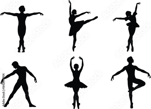 Ballet dancer silhouettes, graceful movement, elegant poses, classical dance art, flexibility showcase, performance inspiration, stage presence, artistic vector illustration