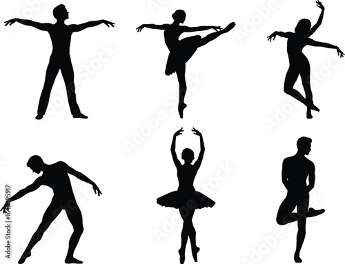Ballet dancer silhouettes, graceful poses, elegant movement, dance performance art, fitness inspiration, flexibility illustration, artistic expression, stage presence, vector design
