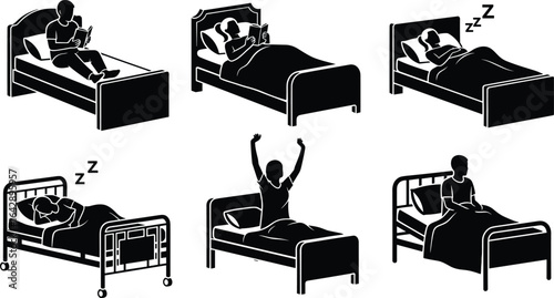 Bedtime activities, sleep positions, reading in bed, hospital care, morning stretch, sleep hygiene, lifestyle habits, silhouette, vector, illustration