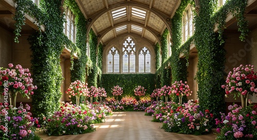 Fototapeta Naklejka Na Ścianę i Meble -  Hall with ivy covered walls and cascading floral arrangement