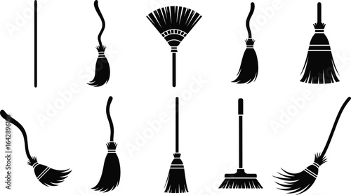 Broom silhouettes, various broomstick designs, cleaning tools, black icons, household equipment, sweeping vector, curved handles, push broom, compact bristles