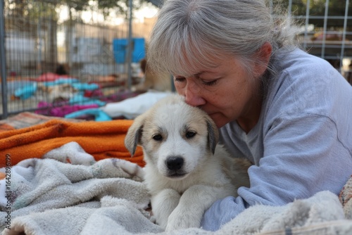 Afternoon at an animal shelter with barking dogs and soft blankets A woman comforts a puppy while cleaning its space The mood is gentle and hopeful, Generative AI 