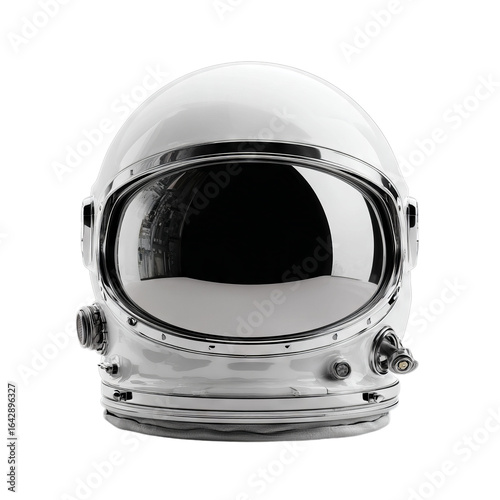 Silver astronaut helmet with reflective visor. Isolated white background. Png format