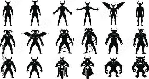 Demon silhouettes collection, horns, wings, scary poses, Halloween theme, fantasy creature, dark art, evil monster, illustration, graphic design