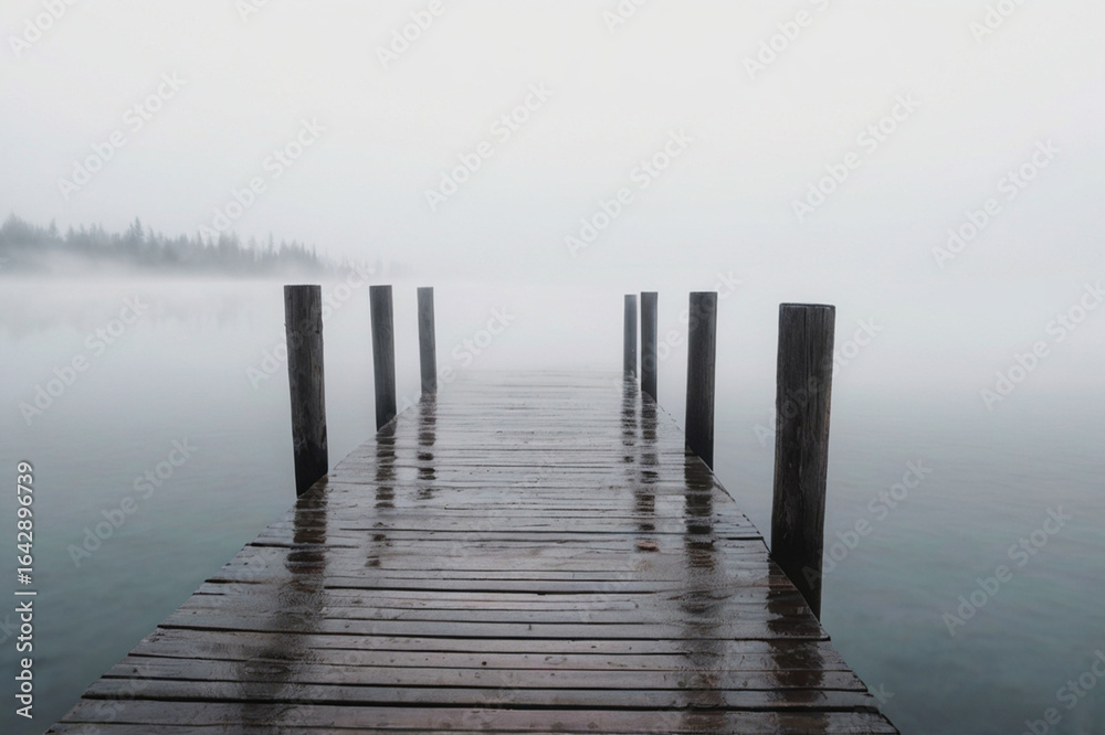 Naklejka premium Wooden Pier on Lake with Mist, Serene and Solitary Atmosphere (AI-generated)