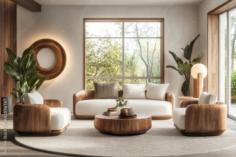 Fototapeta premium Modern Scandinavian living room featuring minimalist furniture and clean lines. 3D rendering, Generative AI