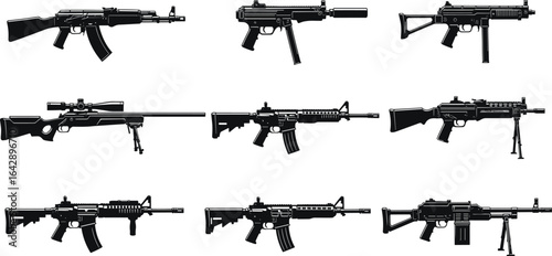 Firearm silhouettes, rifles, submachine guns, machine guns, weapon profiles, tactical gear, military equipment, side view, black vector, defense tools
